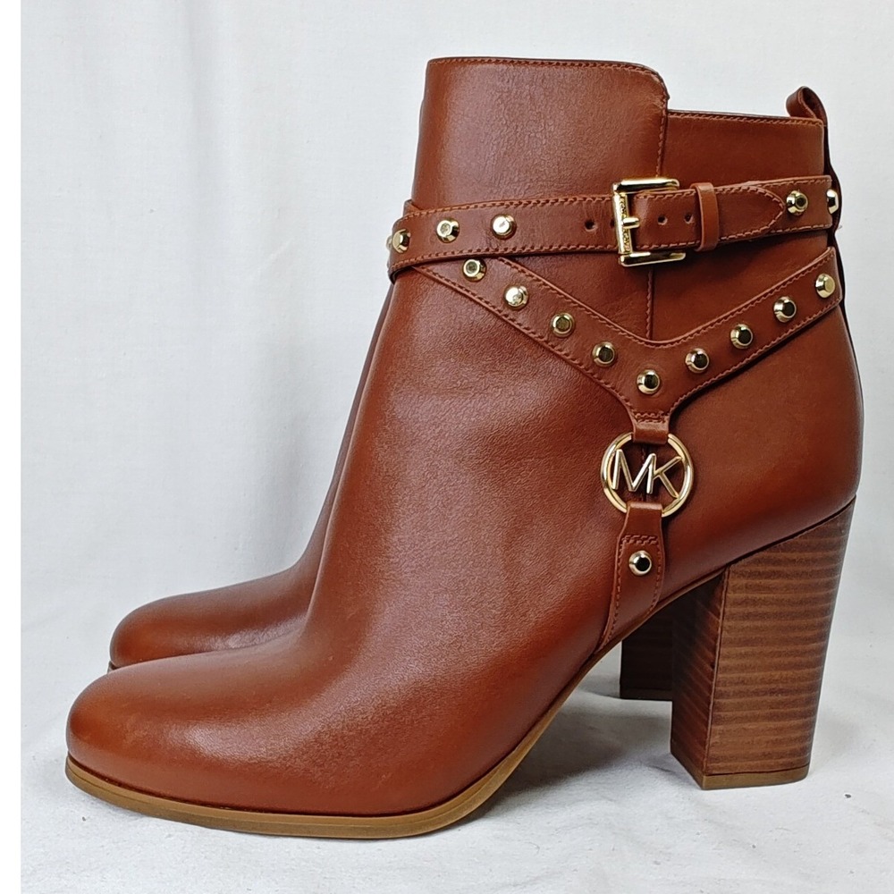 Michael Kors Kincaid Ankle Boots Brown Leather Studded Block Heel Logo 9M - Picture 5 of 9
